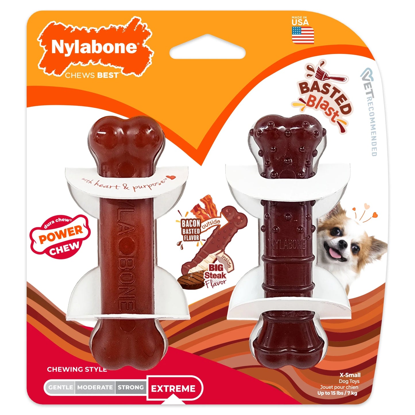 Power Chew Basted Blast Original & Textured Bone Dog Chew Toys Bacon & Steak X-Small (2 Count)