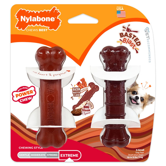 Power Chew Basted Blast Original & Textured Bone Dog Chew Toys Bacon & Steak X-Small (2 Count)